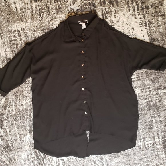 SOLD Suzy Shier | Black Shoulder Cut Blouse - Picture 1 of 10